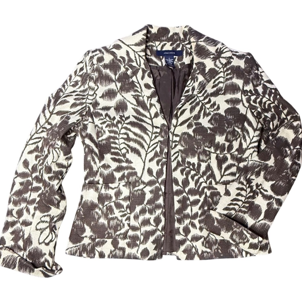 Jones Wear Floral Print Blazer Brown Cream Cotton Blend Jacket Size‎ 4